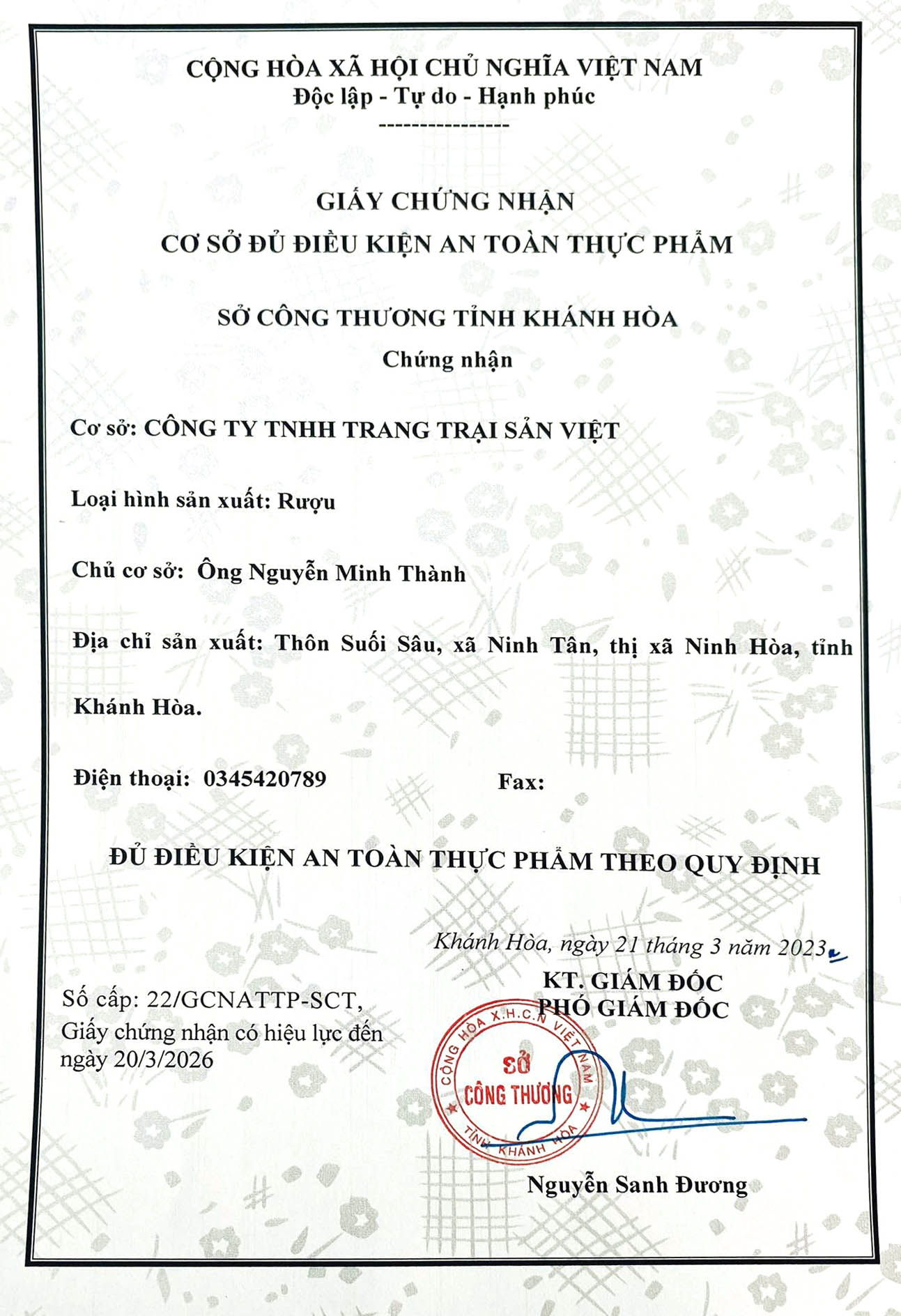 Giấy chứng nhận ATTP Trang trại Sản Việt